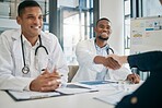 Doctor, handshake and meeting with patient, smile and greeting for vaccination education, talk or help. Black man, doctors and shaking hands with client for wellness, healthcare or medicine in clinic