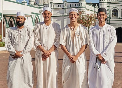 Buy stock photo Happy, hajj and Muslim men at a mosque to pray, ramadan faith and group in Mekka together. Smile, religion and portrait of Islamic friends on a pilgrimage to the holy city for spiritual journey