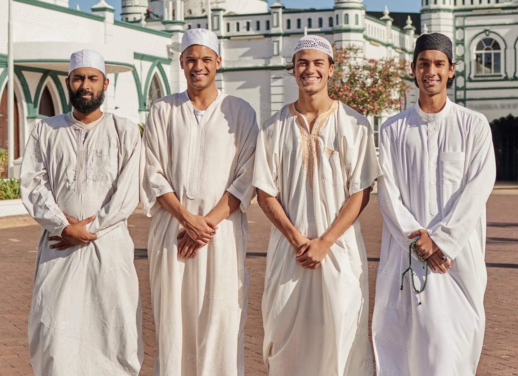Buy stock photo Happy, hajj and Muslim men at a mosque to pray, ramadan faith and group in Mekka together. Smile, religion and portrait of Islamic friends on a pilgrimage to the holy city for spiritual journey
