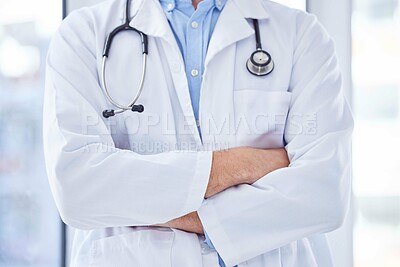 Buy stock photo Closeup, man and doctor with arms crossed, healthcare and leadership in hospital. Male, surgeon and medical professional with confidence, leader and ready for surgery procedure, medicine and wellness
