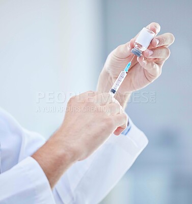 Buy stock photo Hands, covid and doctor with vaccine syringe for healthcare, wellness and virus immunity. Corona, injection and medical professional holding needle for vaccination and covid 19 prevention in hospital