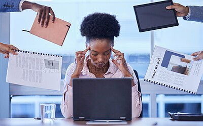 Buy stock photo Headache, stress and business woman in hands of group for multitasking, workload or chaos in office. Overwhelmed, burnout and corporate employee suffering pressure with team, compliance or report