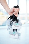 Doctor, hands or ID cards in hospital identification, names or icu pass for clinic help, medical learning or education. Zoom, woman or healthcare worker nurse with tags lanyard for student internship