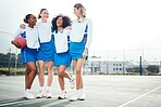 Hug, women or team support in netball training game, exercise or sports workout on college court. Teamwork, fitness friends group or excited athlete girls with happy smile talking or bonding together