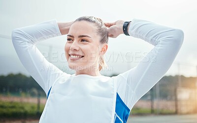 Buy stock photo Tired, sports or woman in netball training game, exercise or workout for a match with happy smile on court. Thinking, fitness or healthy with fatigue girl athlete girls relaxing or resting on break 