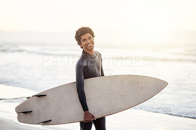 Buy stock photo Smile, surfboard or man portrait at sea for fitness training, workout or sports exercise at sunrise in Hawaii. Surfing or happy surfer smiling on fun holiday vacation alone on beach sand or nature