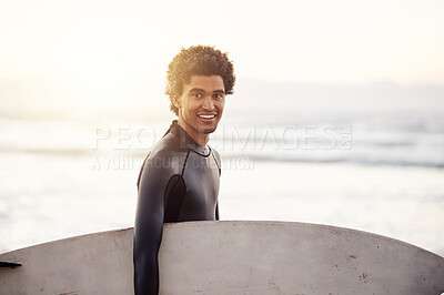 Buy stock photo Happy, surfer or man portrait at sea for fitness training, workout or sports exercise on Hawaii sunrise mockup. Surfing, surfboard or athlete smiling on fun summer holiday vacation on beach or nature