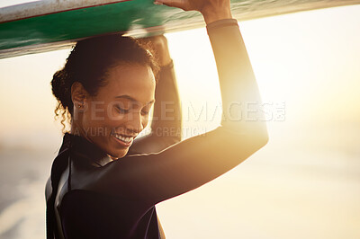 Buy stock photo Smile, surfer or happy woman at sea for fitness training, workout or sports exercise at sunset. Surfing surfboard, relax or mixed race athlete smiling on fun summer holiday vacation on Hawaii beach 