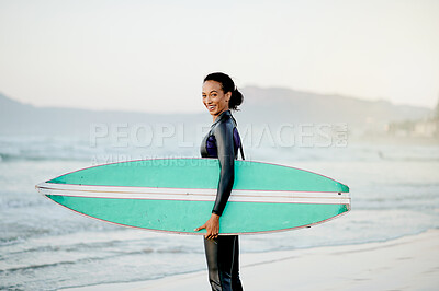 Buy stock photo Portrait, surfboard or happy woman at sea for fitness training, workout or sports exercise on Hawaii beach. Smile, surfer or mixed race girl smiling on fun summer holiday vacation ready for surfing