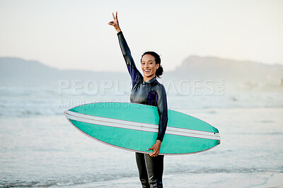 Buy stock photo Happy woman, peace sign or surfer portrait at sea for fitness training, workout or sports exercise in Hawaii. Healthy athlete surfing with surfboard on fun holiday vacation on beach sand or nature