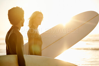 Buy stock photo Men, surfboard or surfer friends at beach for fitness training, workout or sports exercise at sunset. Diversity or healthy athletes ready for surfing together on holiday vacation at sea or nature