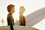 Men profile, surfer and friends by the sea with lens flare ready for water sport in the ocean. Beach, men and sport thinking of young people with a surfboard about to start surfing and sports fitness