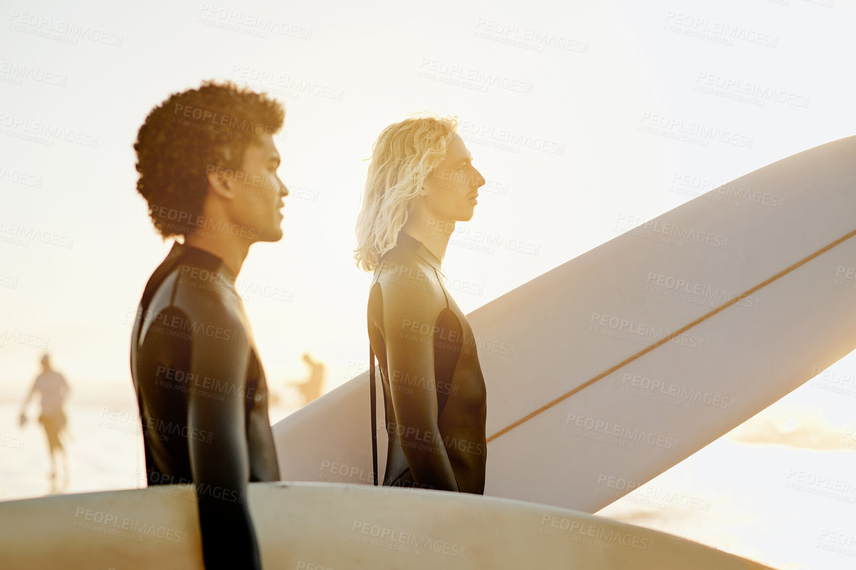 Buy stock photo Men profile, surfer and friends by the sea with sunset lens flare ready for water sport in the ocean. Beach, men and thinking of young people with a surfboard about to start surfing and fitness