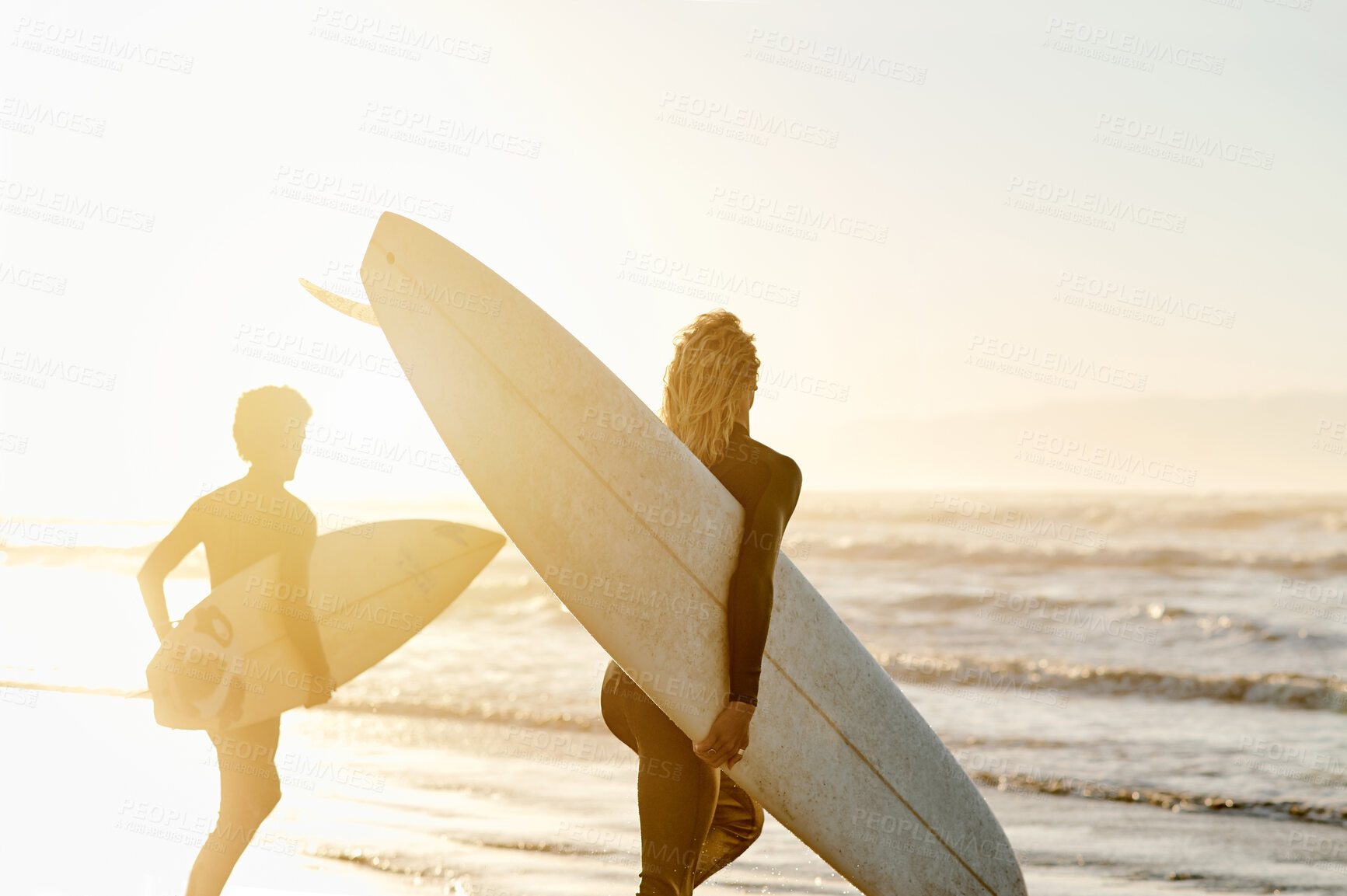 Buy stock photo Sunset, surfboard and men running to waves on beach together in evening on surf holiday in Hawaii. Surfer friends, fun hobby and freedom in water on surfing vacation adventure with ocean mockup.