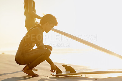 Buy stock photo Mockup, fitness and man with surfboard, water sports and exercise for wellness, balance and healthy lifestyle. Male surfer, athlete and guy outdoor, beach and seaside holiday for practice and sunset