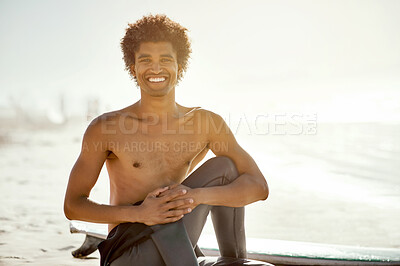 Buy stock photo Sports, surfer and portrait of man at a beach at sunrise for surfing, fitness and adventure. Water, sport and face of happy black guy at the sea for travel, hobby and surfboard fun in Costa Rica