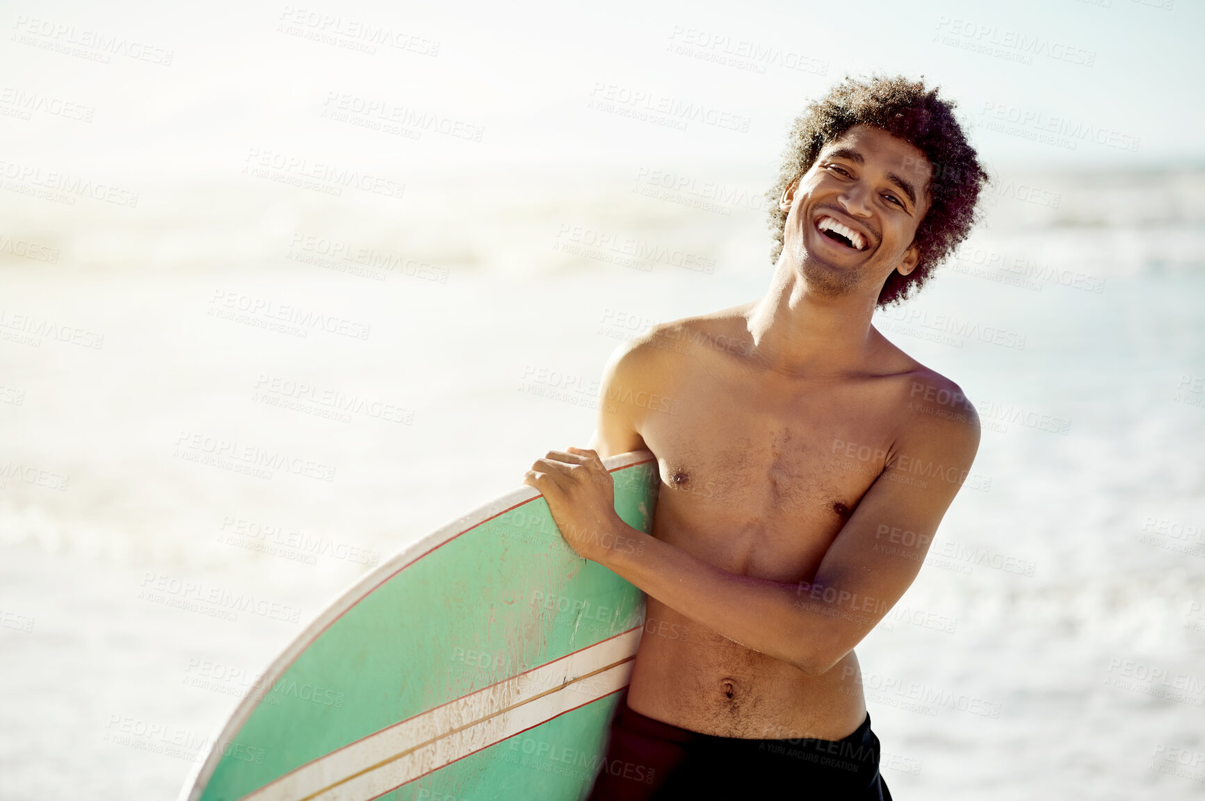 Buy stock photo Surfing, portrait and man laughing at beach, sea and ocean for tropical holiday, summer vacation and mockup. Happy young guy, surfer and water sports for fun travel, sunshine and freedom of adventure