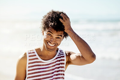 Buy stock photo Portrait, smile and travel with a black man on the beach for a holiday or vacation as a tourist during summer. Face, happy and relax with a handsome young male traveler enjoying tourism in nature