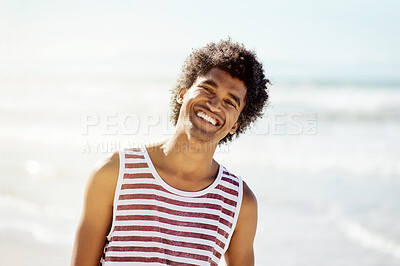 Buy stock photo Man, beach portrait and happy in sunshine for vacation, summer and wellness by ocean in Brazil. Male, happiness and excited face by sea, waves and outdoor with afro hair for freedom, holiday or walk