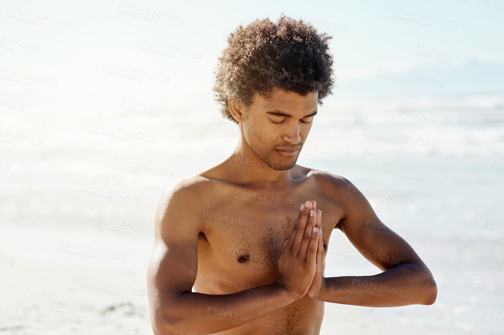 Buy stock photo Beach, meditation and man doing yoga and fitness exercise on the ocean outdoor feeling relax. Peace, zen and breathing training of male by waves and sun at sea for workout for wellness and health