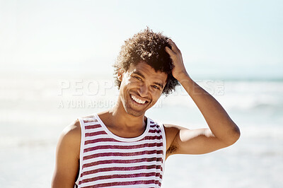 Buy stock photo Portrait, smile and summer with a black man on the beach for a holiday or vacation as a tourist during travel. Face, happy and relax with a handsome young male traveler enjoying tourism in nature