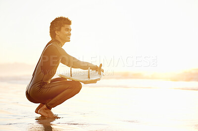 Buy stock photo Man, surfboard and beach sunset for surfer smile, thinking or mockup space on vacation, summer or Brazil ocean. Srufer male, happiness or excited sports by outdoor sea waves in afro hair for fitness