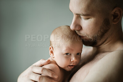 Buy stock photo Family, baby and dad with a man hugging his child in studio on a gray background for tender or gentle love. Babies, parent and children with a father holding his newborn infant while bonding together