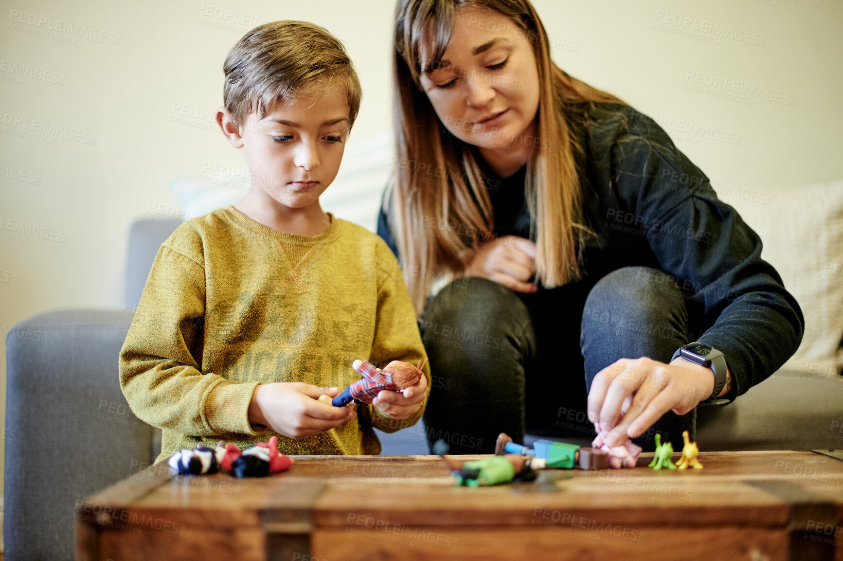 Buy stock photo Mother, child and playing with toys in home, bonding and having fun together. Care, development and mama with boy or kid play with toy, learning and education while enjoying quality time in house.