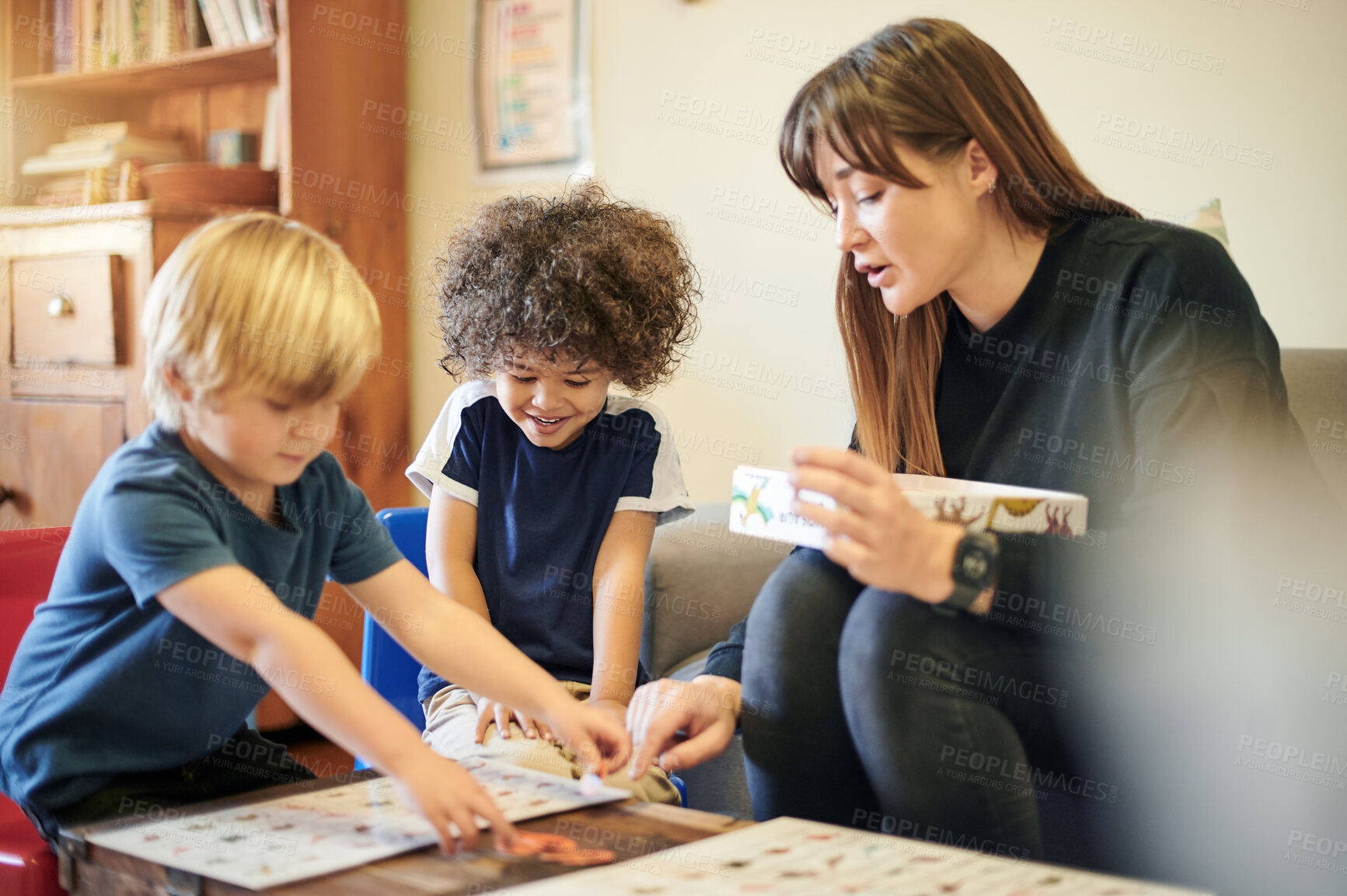 Buy stock photo Teacher, children and together with puzzle in kindergarten, learning or mind development with diversity in class. Woman, boy kids or teaching game for problem solving, pattern and teamwork at school