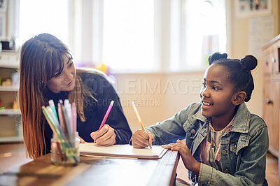 Buy stock photo Learning, adoption and mother with black girl writing in home for homework, drawing and homeschool. Development, studying and mama helping foster kid, student or child with education on clipboard.