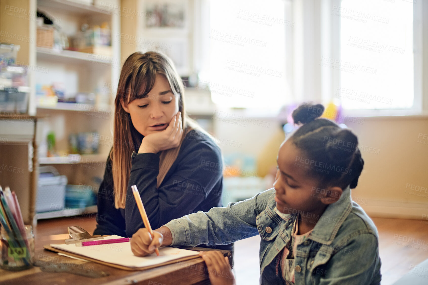 Buy stock photo Teacher, kids help and drawing in a house learning and writing for education. Knowledge development, home schooling and girl coloring for creativity study and homework with woman support and care