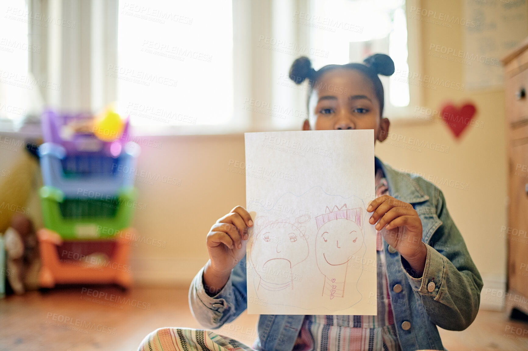 Buy stock photo Girl child, paper and drawing for therapy in portrait in psychology consultation room with face for emotion. Female kid, psychologist office and consulting at school for anxiety, depression or happy