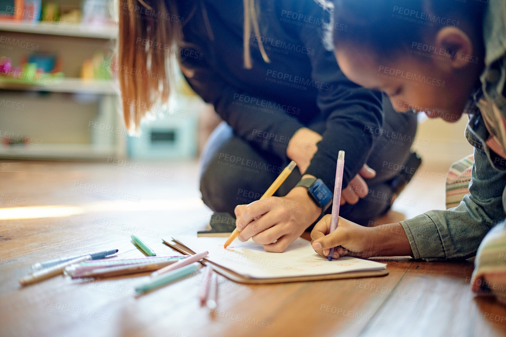 Buy stock photo Color, drawing and art with kid and teacher on floor of classroom for learning, education and teaching. Creative, sketching and child development with young girl and woman at school for picture