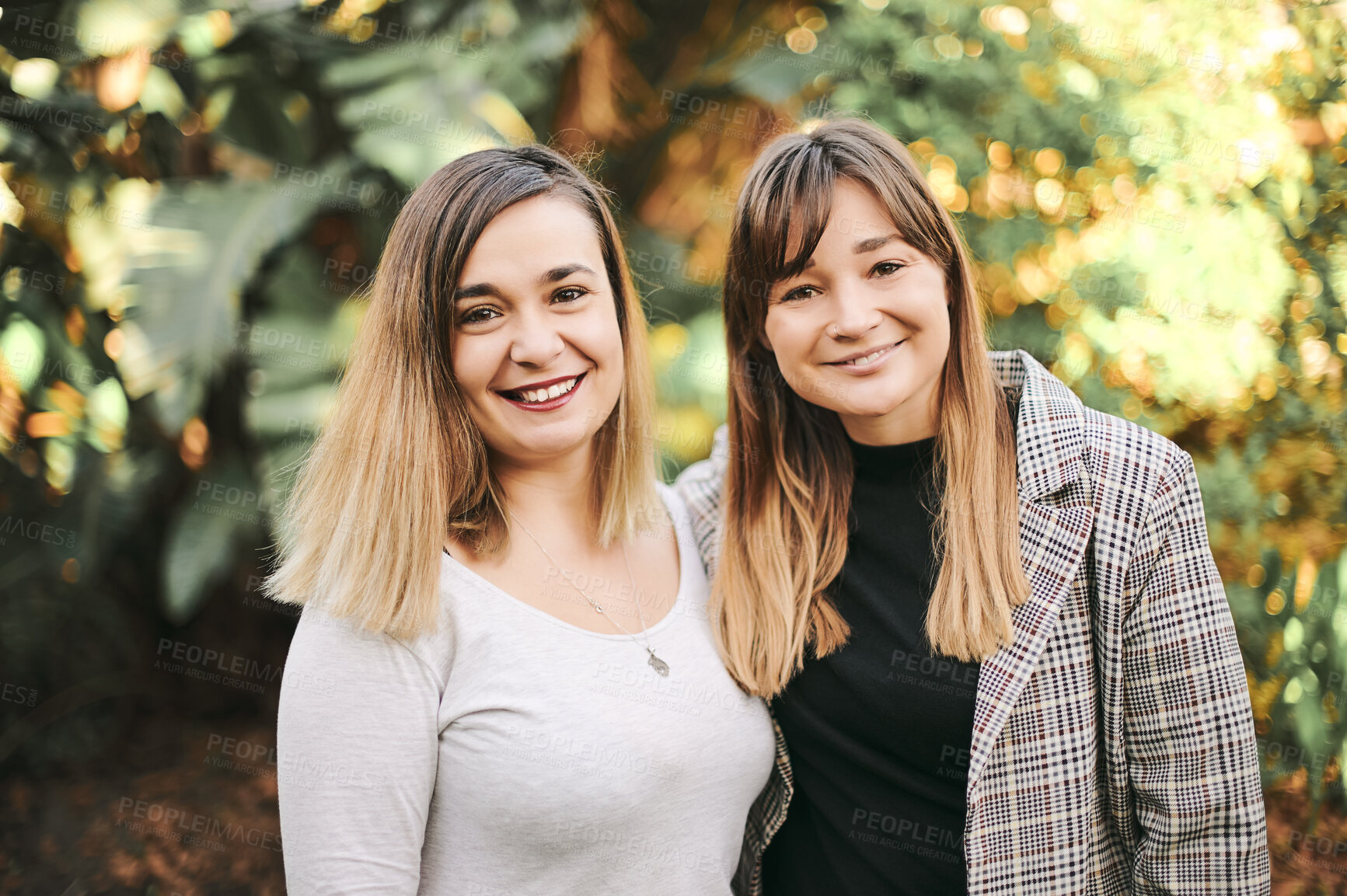 Buy stock photo Portrait, happy and nature with woman friends or sisters standing outdoor together on a sunny summer day. Smile, love and family with mature female siblings bonding outside in a garden to relax