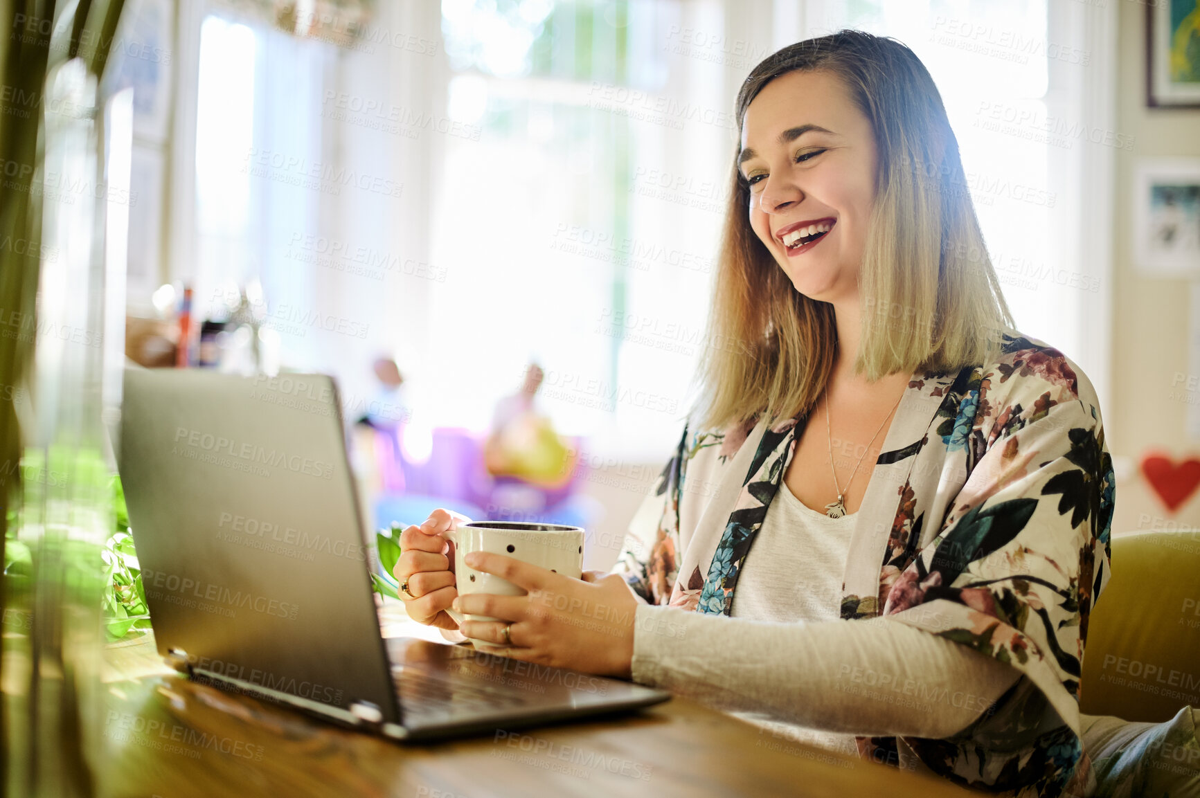 Buy stock photo Laptop, coffee and laughing woman in home for social media, funny meme and online browsing. Tea, remote worker and happy person and professional with computer for comedy, comic and web scrolling.