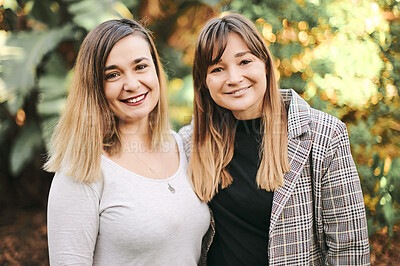 Buy stock photo Portrait, smile and garden with woman friends or sisters standing outdoor together on a sunny summer day. Happy, love and family with mature female siblings bonding outside in nature to relax