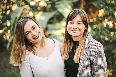 Buy stock photo Portrait, happy and garden with woman friends or sisters standing outdoor together on a sunny summer day. Smile, summer and family with mature female siblings bonding outside in nature to relax