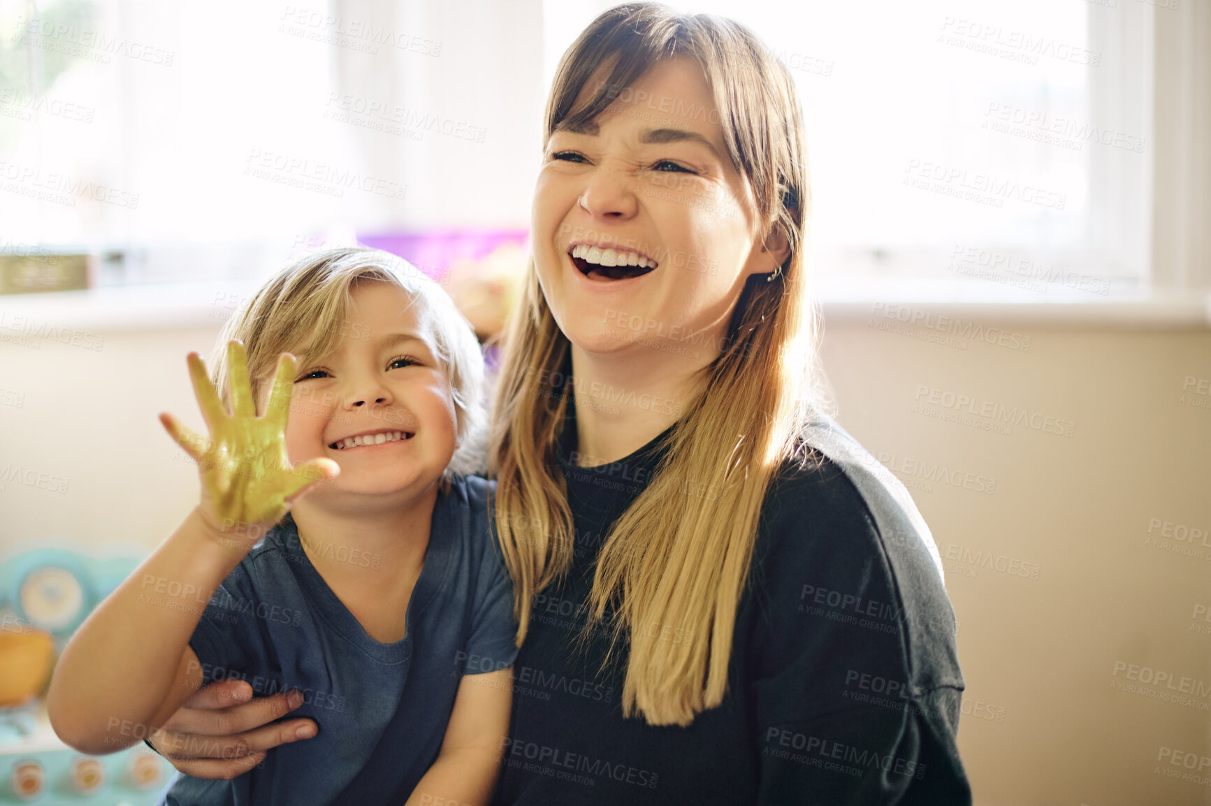 Buy stock photo Mom, painting and child hands with laughing and happiness from art activity. Mother, kid and finger paint of a happy kid learning with kids fun and creativity with mama care and love together