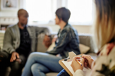 Buy stock photo Interracial couple, counseling clipboard and therapist with psychology conversation and support. Psychologist, consultation and lounge couch with people having marriage problem and blurred background