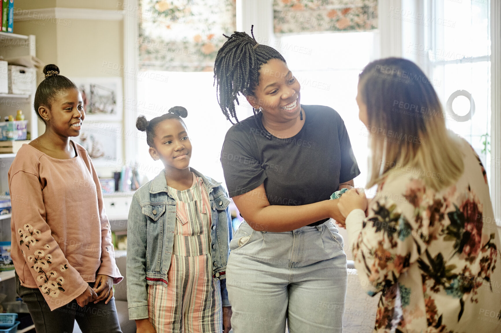 Buy stock photo Parent, teacher and kids meeting in classroom at Montessori  school for education, learning and teaching. Child development, mother and educator handshake, conversation and young students in class.