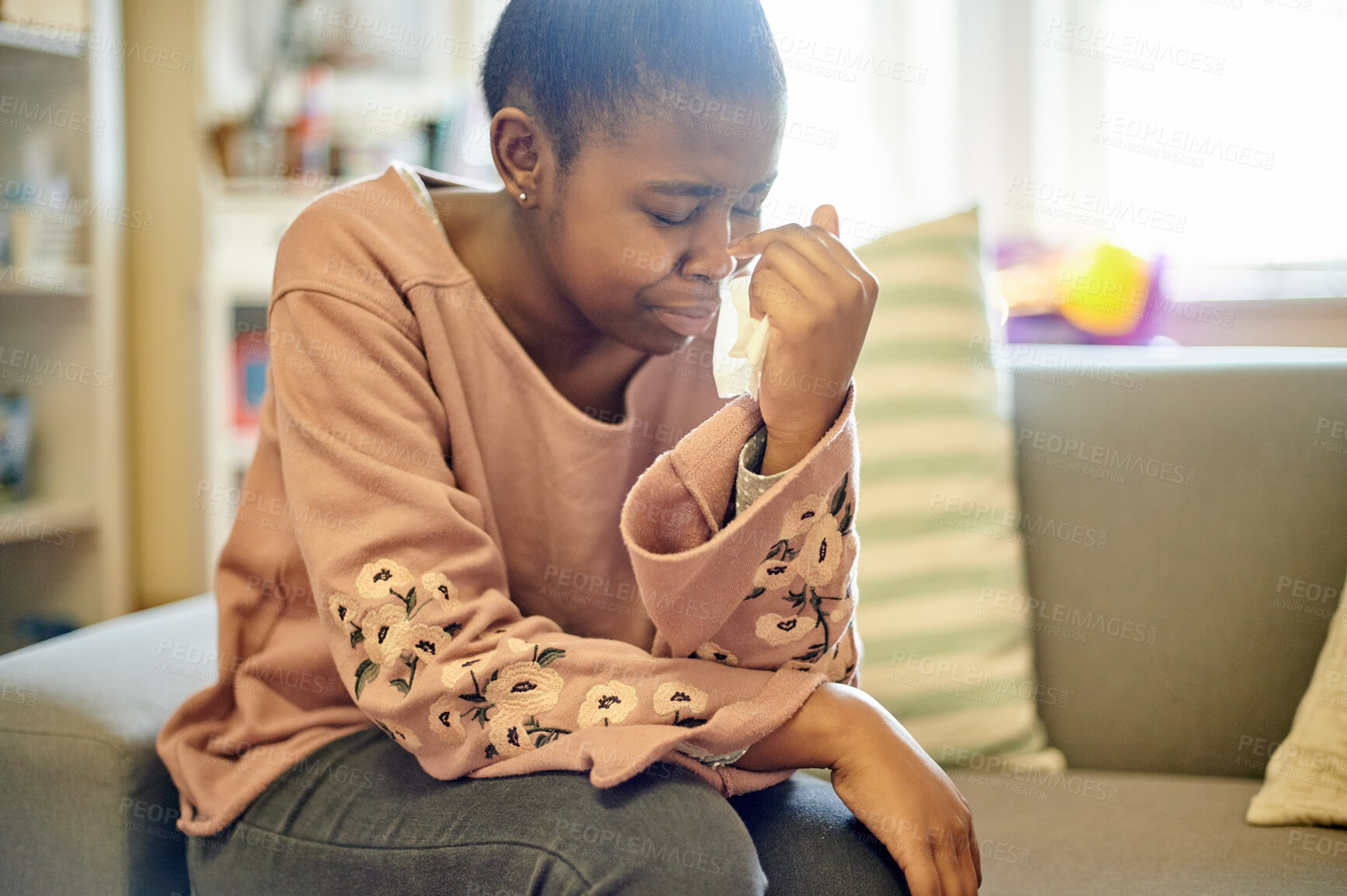 Buy stock photo Black girl, teenager and depression with counselling, crying adolescent with mental health and trauma. Psychology, therapy and anxiety, depressed female teen with problem or crisis and unhappy