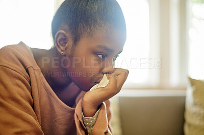 Buy stock photo Black girl, teenager and depression with stress, sad adolescent with mental health and trauma counselling. Psychology therapy, anxiety and depressed female teen thinking of problem or unhappy crisis