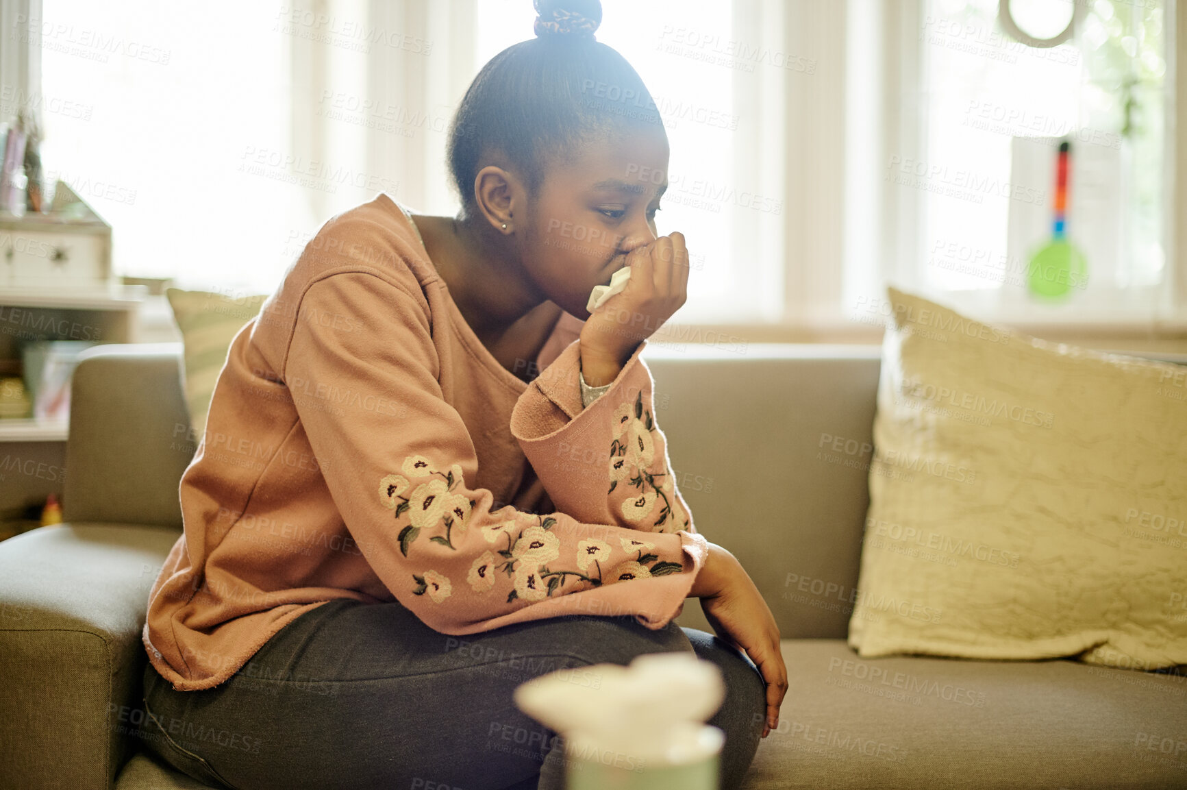 Buy stock photo Black girl, teen in therapy and depression, sad adolescent with mental health and trauma. Psychology, counselling and anxiety, depressed female teenager thinking about problem or crisis and unhappy