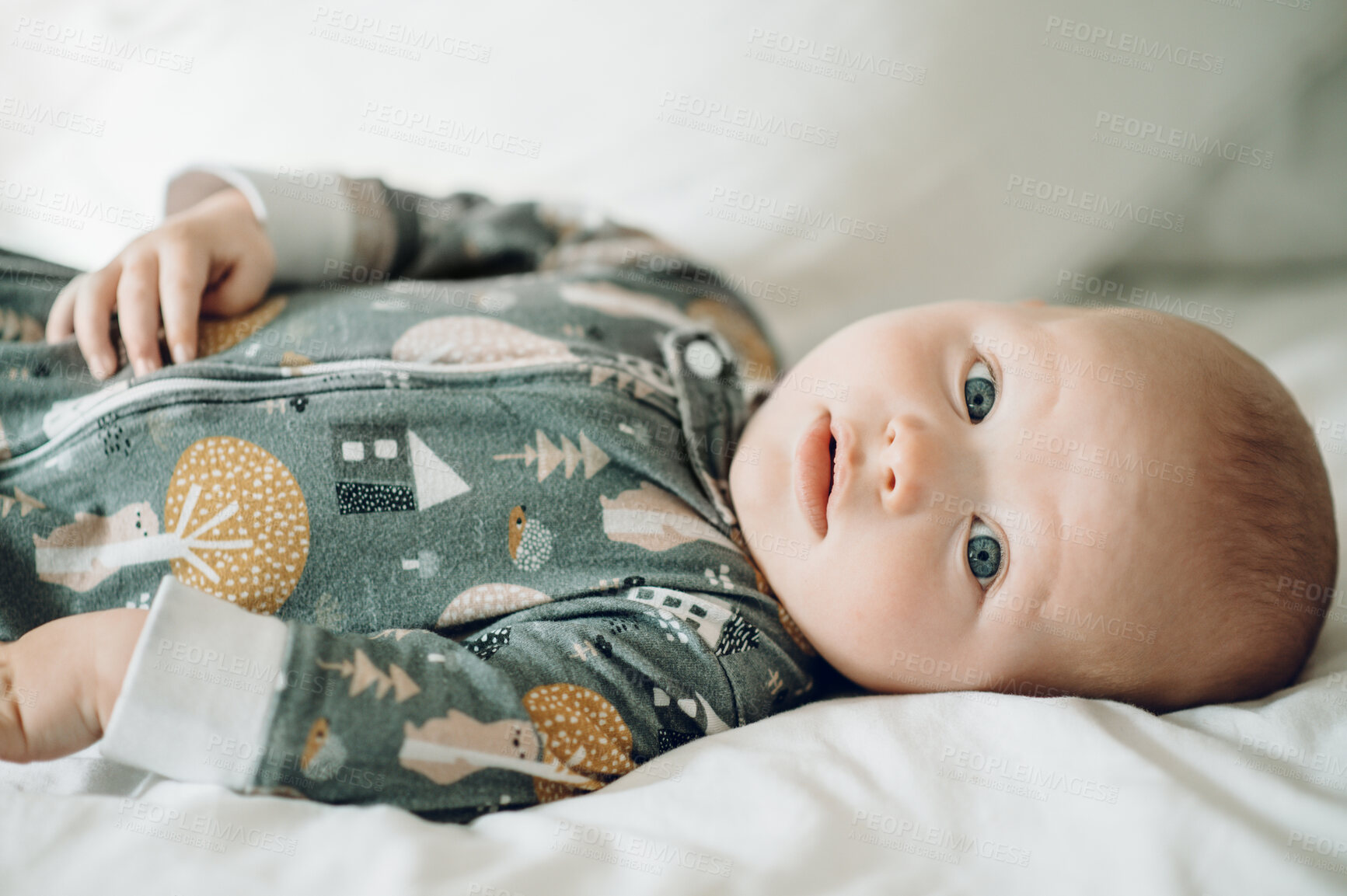 Buy stock photo Cute, toddler and portrait of a baby on a bed for sleeping, relaxing or lying in a room. Adorable, newborn and a child resting in the bedroom for comfort, relaxation and cozy in the morning at home