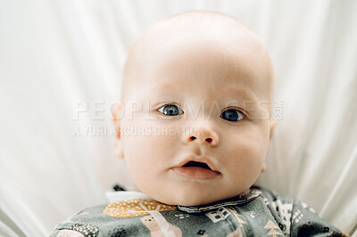 Buy stock photo Baby, portrait and newborn closeup in a home bedroom, nursery and duvet. House, healthy young child and infant ready for sleeping, rest and relaxing in the morning with a toddler feeling relax