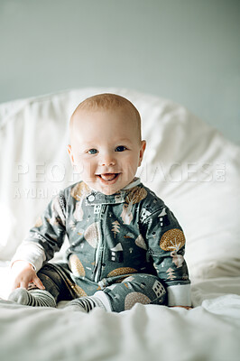 Buy stock photo Laughing, morning and portrait of a baby on a bed to wake up, relax and play. Smile, cute and a child in the bedroom after a nap, sleeping or rest for comfort, relaxing or happiness while playing