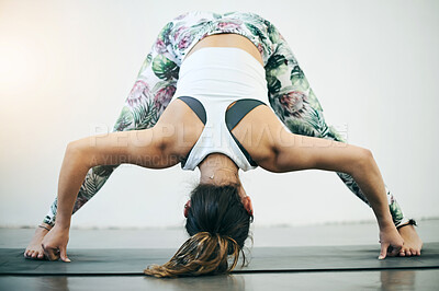 Buy stock photo Yoga, stretching and woman flexibility on a pilates mat with fitness and meditation feeling relax. Wellness, mindfulness and exercise of a young and calm female with peace on a floor for workout