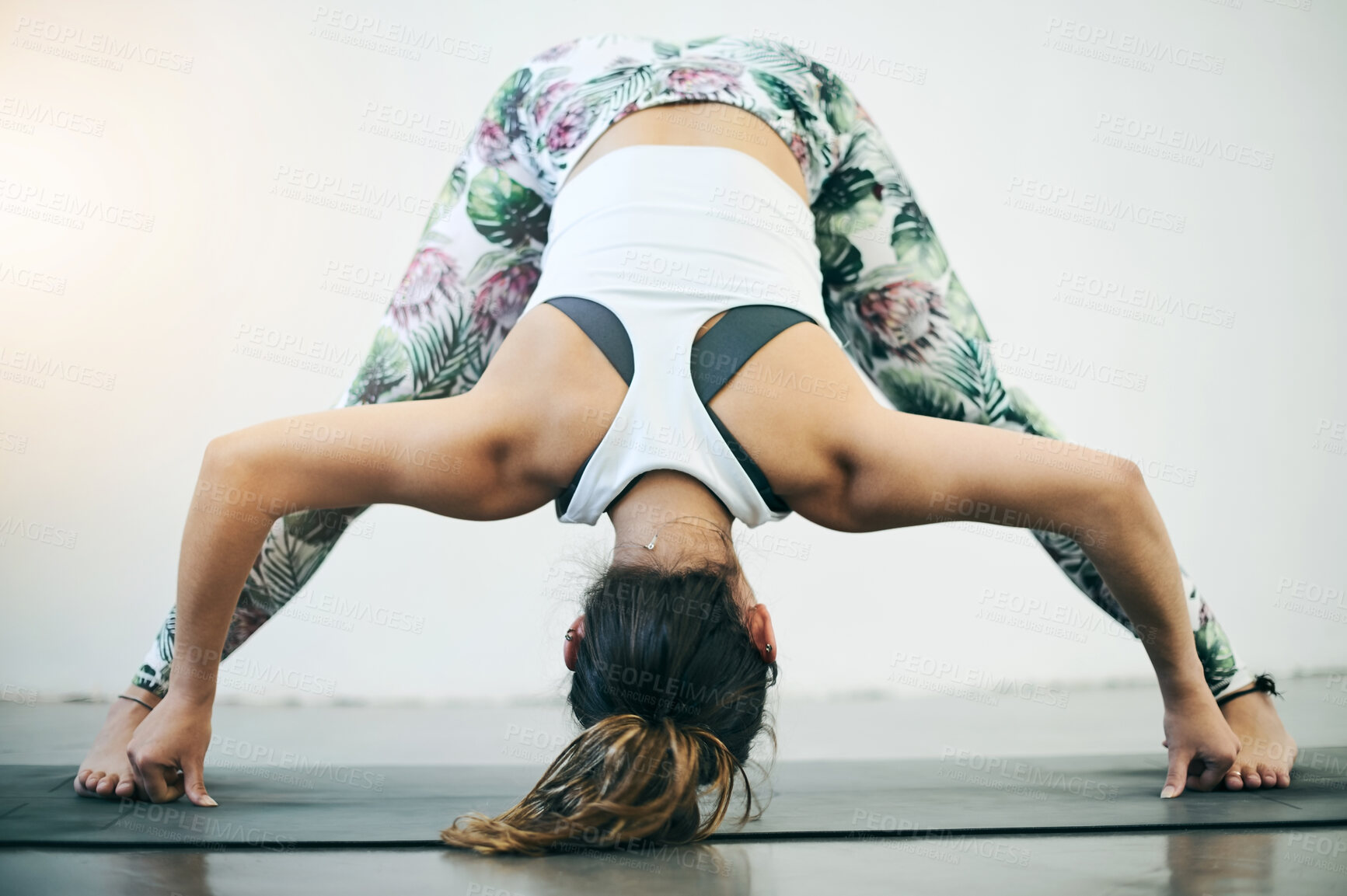 Buy stock photo Yoga, stretching and woman flexibility on a pilates mat with fitness and meditation feeling relax. Wellness, mindfulness and exercise of a young and calm female with peace on a floor for workout