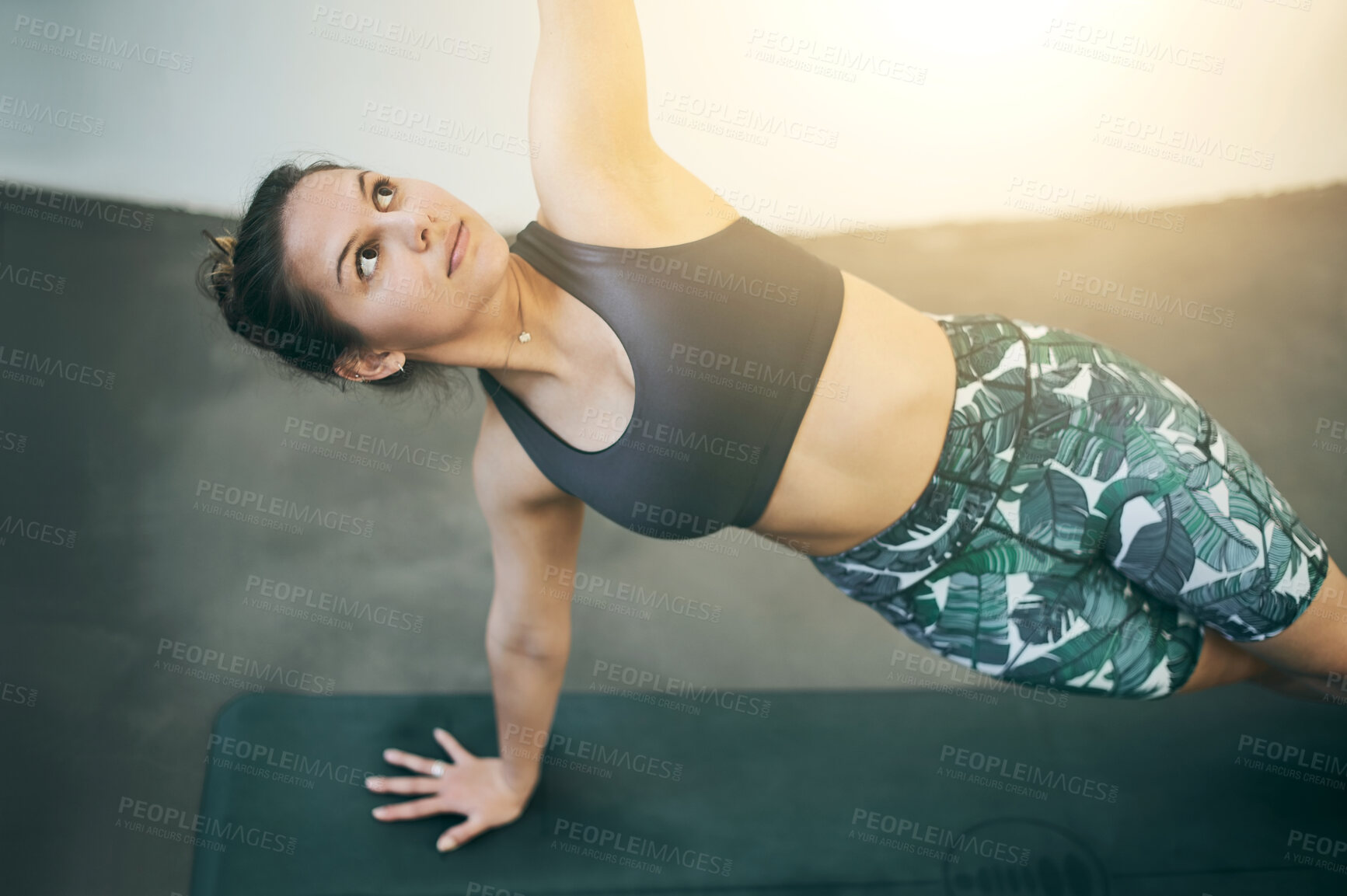 Buy stock photo Yoga stretching, floor and woman doing fitness challenge, side plank workout or wellness exercise training. Morning pilates person, healthy lifestyle commitment or active female doing athlete warm up
