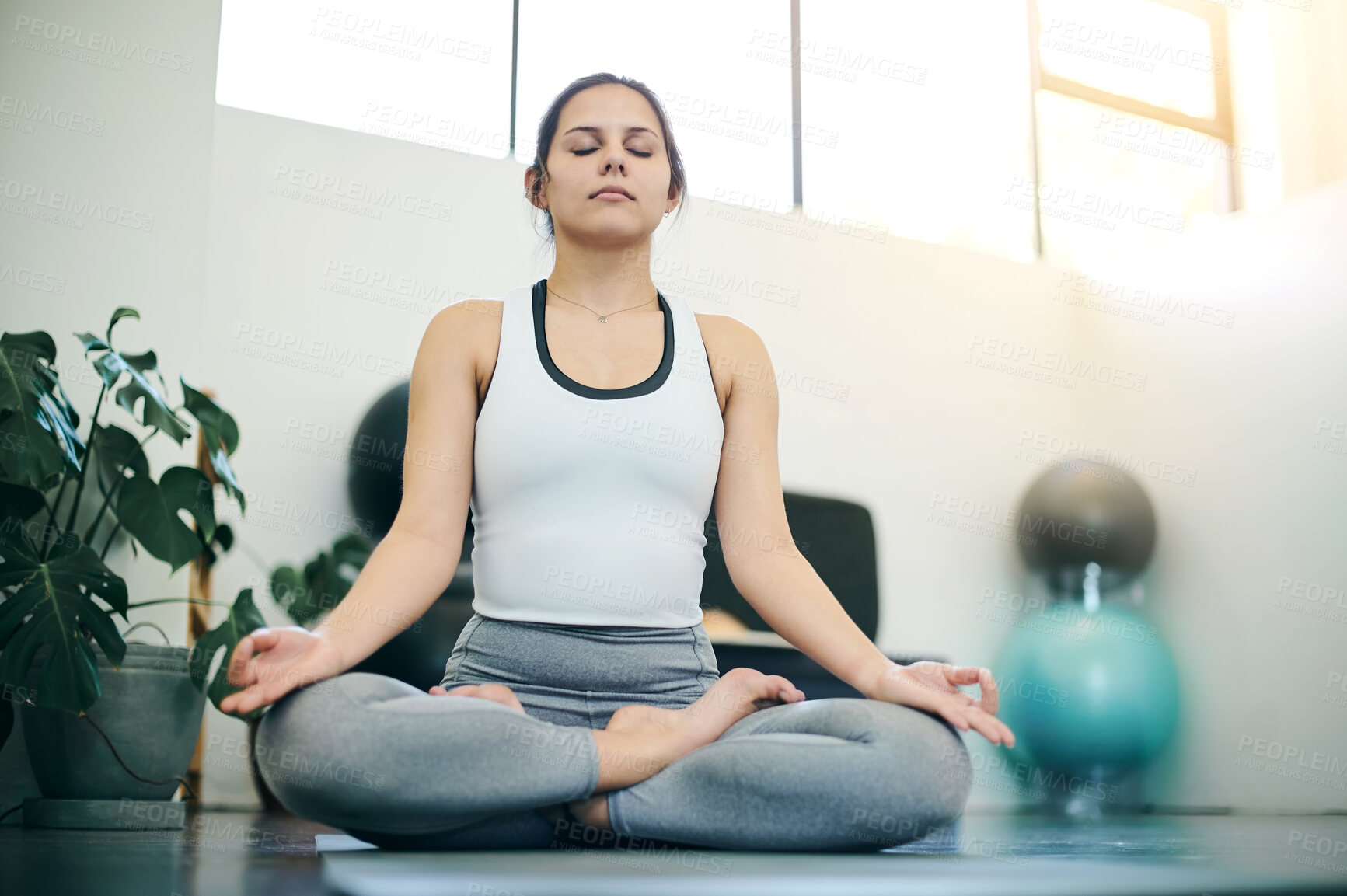 Buy stock photo Yoga, lotus pose and woman in zen fitness, meditation training and mindfulness, spiritual healing or stress relief. Meditate, holistic workout and calm, relax person for balance and wellness sign